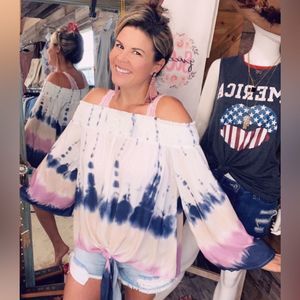 Boutique Brand Smocked Off Shoulder Tie Dye Tie Front Flowy Bell Sleeve Blouse